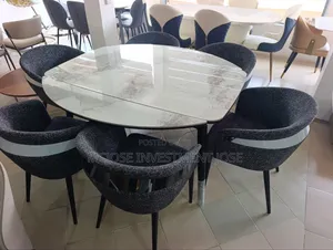 Unique Convertible Marble Top Dining Table Set by 6 Chairs.