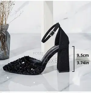 Stylish Black Sequin Design Wit A Strong Block Heel & Ankle Strap Fit.