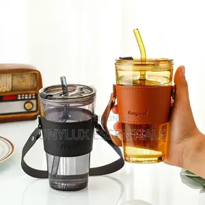 Handle Leather Coffee Cup With Straw