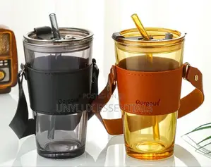 Handle Leather Coffee Cup With Straw