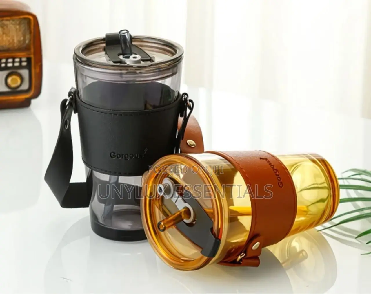 Handle Leather Coffee Cup With Straw