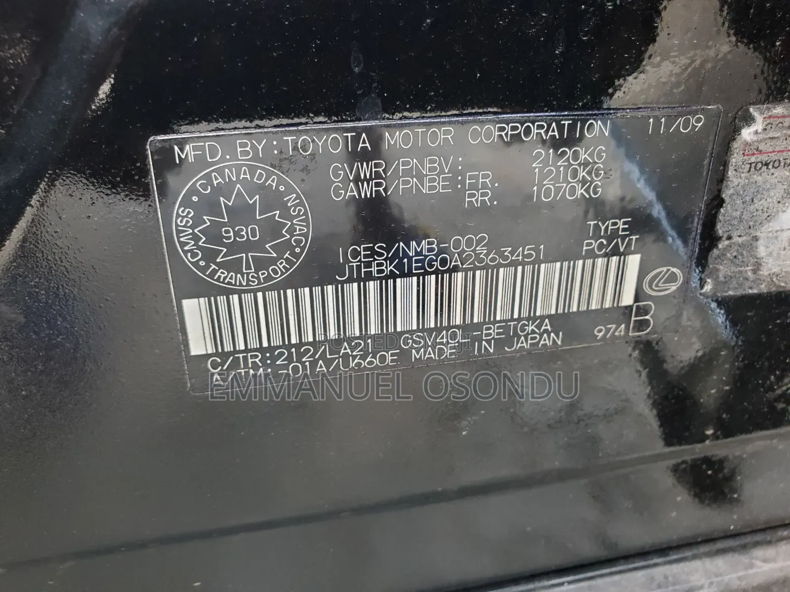Lexus ES 350 2010 Black
