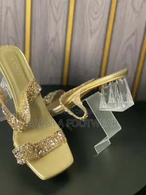 Size 43 Gold Rhinestone Open Toe Thick Heel Slides Sandals