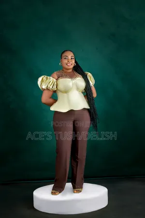 A Beaded Corset Blouse With Brown Trouser