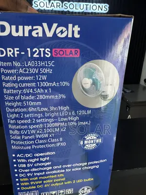 Duravolt 12 Inches Rechargeable Solar Table Fan 3in1