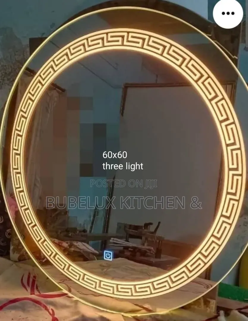 60x60 Round Led Bathroom Mirror – Greek Pattern, 3 Light Touch Mirror*
