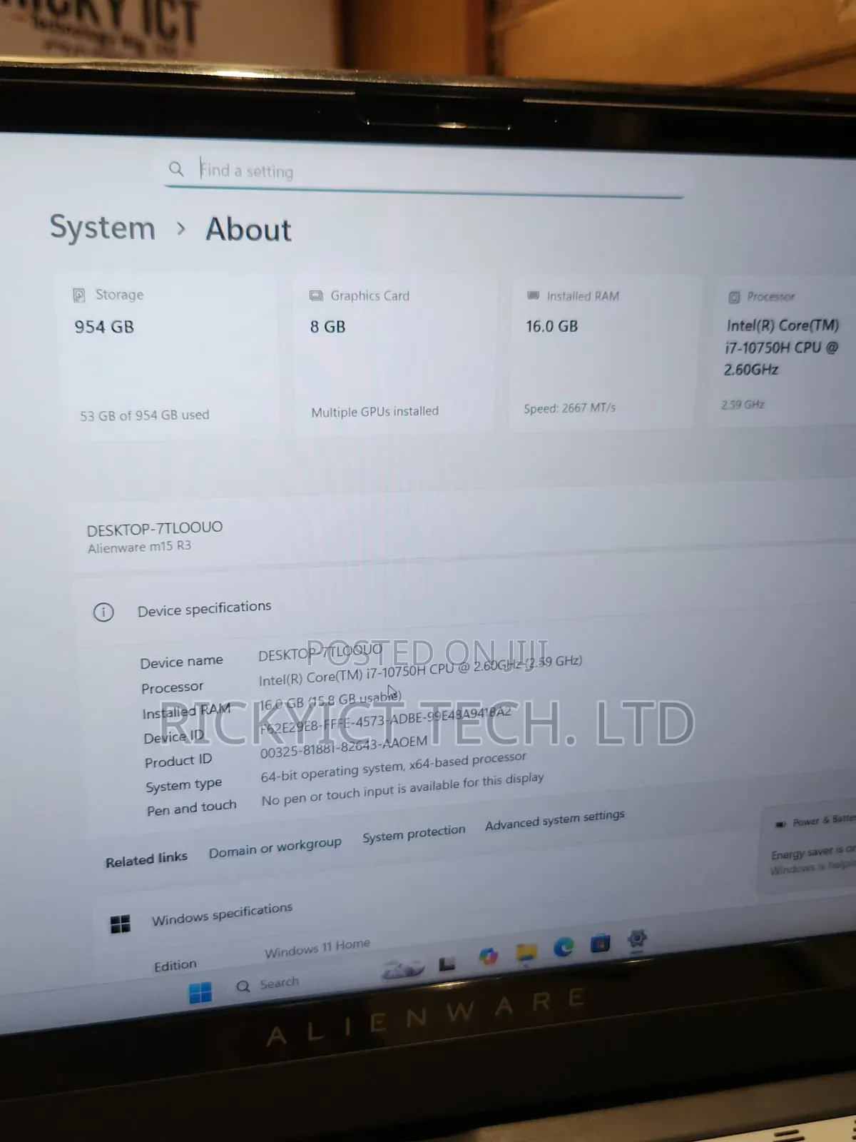 Laptop Alienware M15 r3 16GB Intel Core i7 SSD 1T
