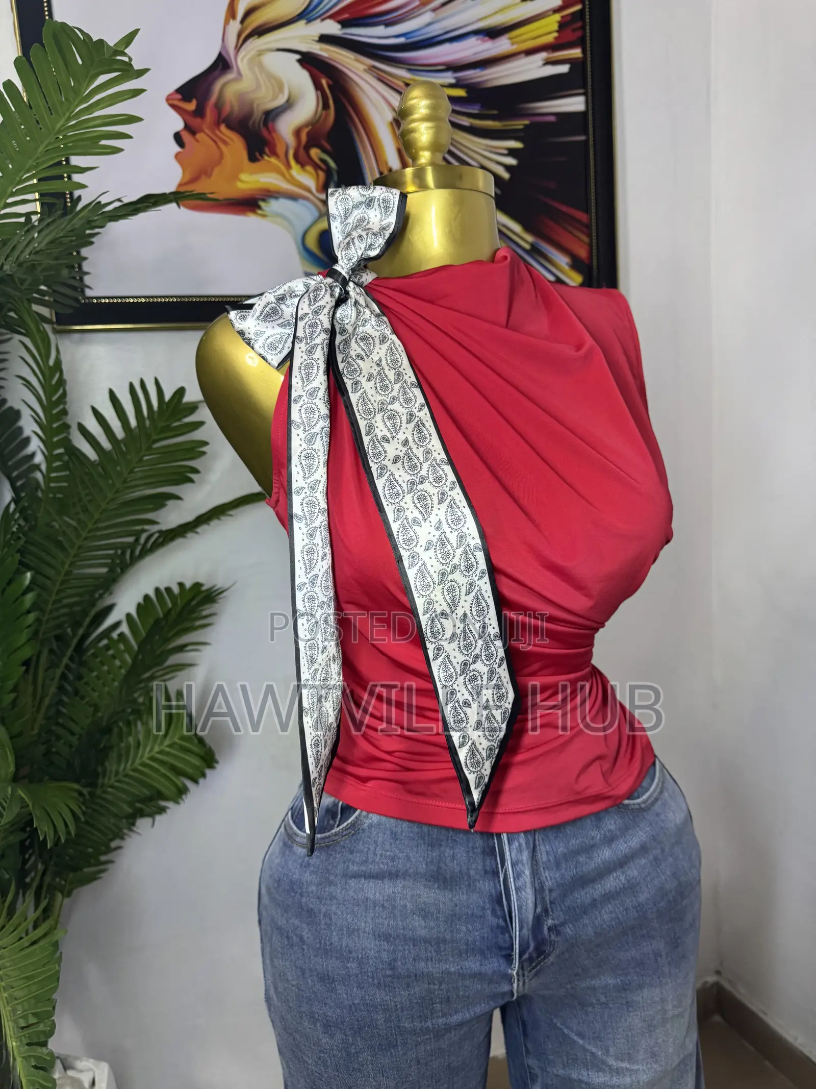 Red Asymmetric Scarf-Tie Top