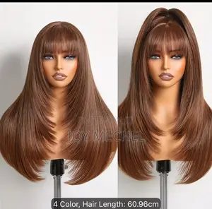 Chic Layered Straight Wig With Bangs Brown Synthetic Bangs Wig