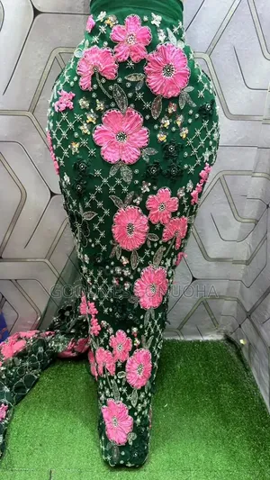 Luxury 3d Green Beaded Lace W/ Pink Floral