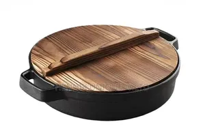 28cm Flat Pan Cast Iron With Wooden Cover.