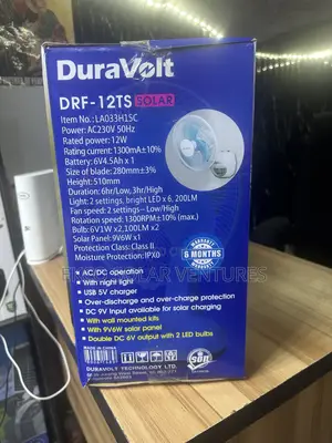 Duravolt 12” Rechargeable Table/Wall Fan With Solar Panel and Led Bulb