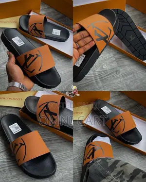 Luxury Louis Vouiton Designer Emblem Slide Premium Tan Black Fashion