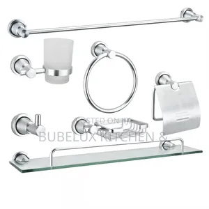 7pcs Chrome Bathroom Set - Towel Bar + Glass Shelf + Accessories |