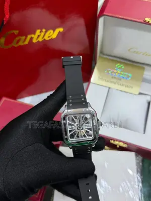 Skeleton Face Cartier Santos Rubber Strap Watch