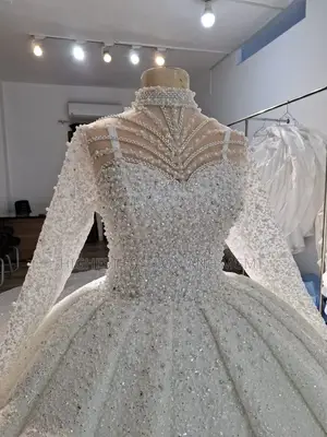 High Neck Pearl Beaded Wedding Dress With Cathedral Train - Style 564