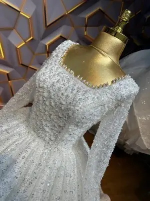 Long Sleeve Beaded Square Neckline - Style 608