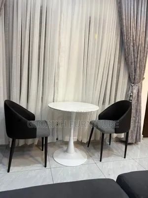 Round Marble Bistro Table Set – White Tulip Base Two-Tone Armchairs