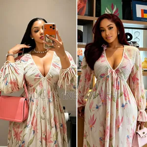 "Stunning Pink Floral Print Pleated Maxi Dress for Ladies