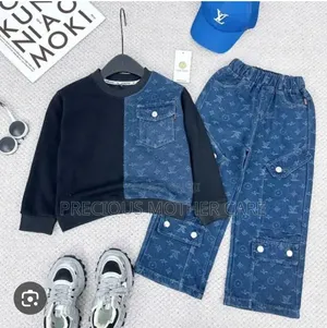 Quality Children Long Sleeve Jean and Jean Trouser With Face Cap 3pics