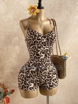Leopard Print Backless Tie Strap Spaghetti Strap Jumpsuit for Women,
