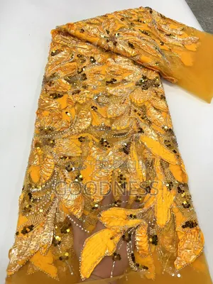 Luxury Yellow 3d Leaf Beaded Lace Fabric – Premium Asoebi Material