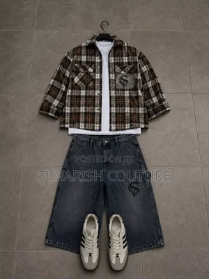 Suvarish Couture Premium Plaid Overshirt Denim Shorts Streetwear Set