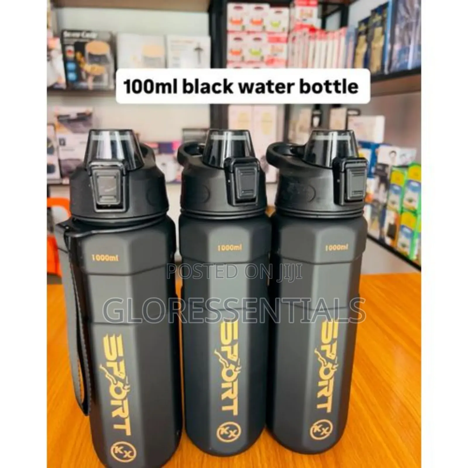 1000ml Black Sport Water Bottle With String