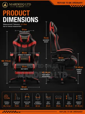 Ergonomic Gaming Chair, Adjustable Armrest Footrest - Red