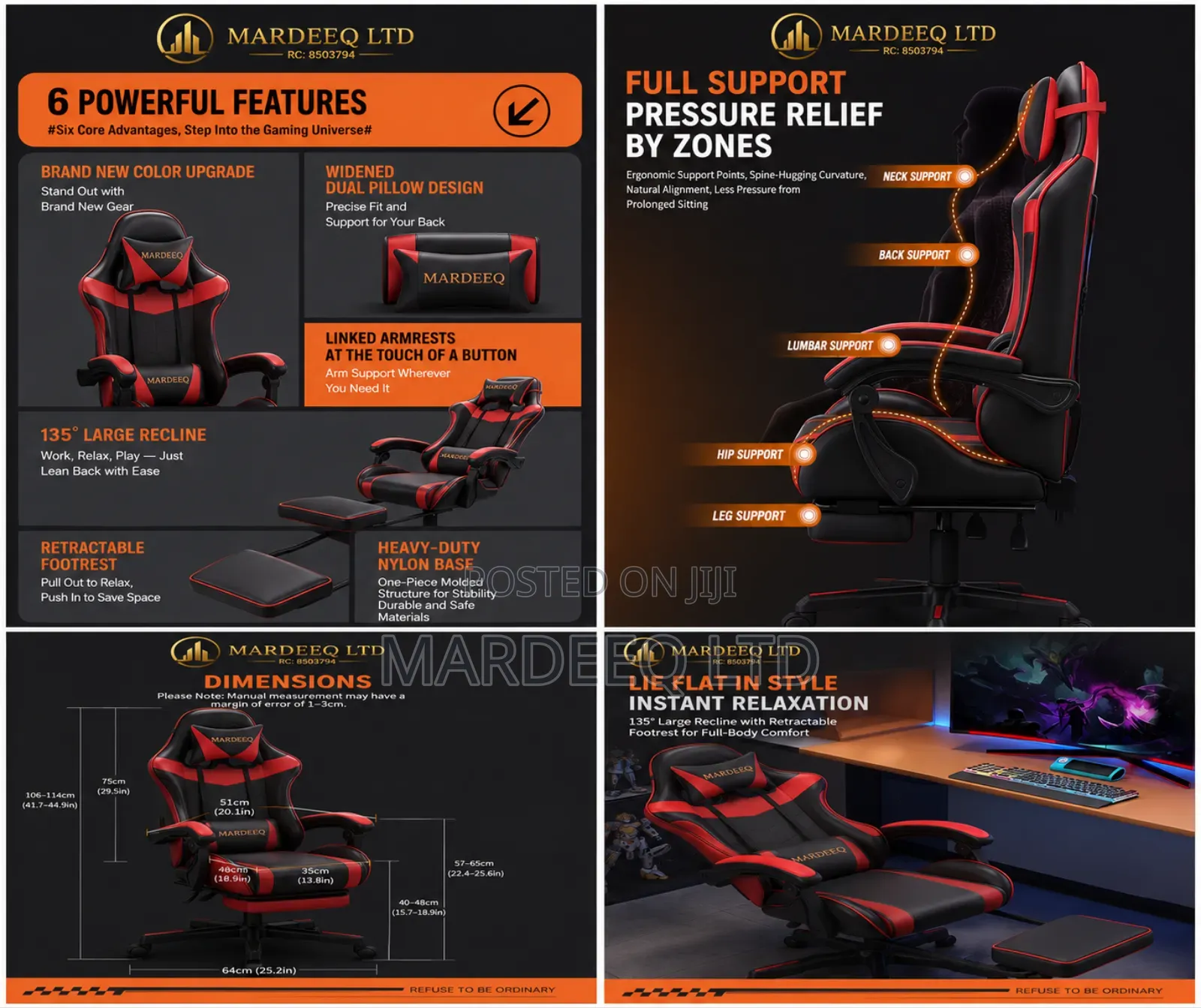 Ergonomic Gaming Chair, Adjustable Armrest Footrest - Red