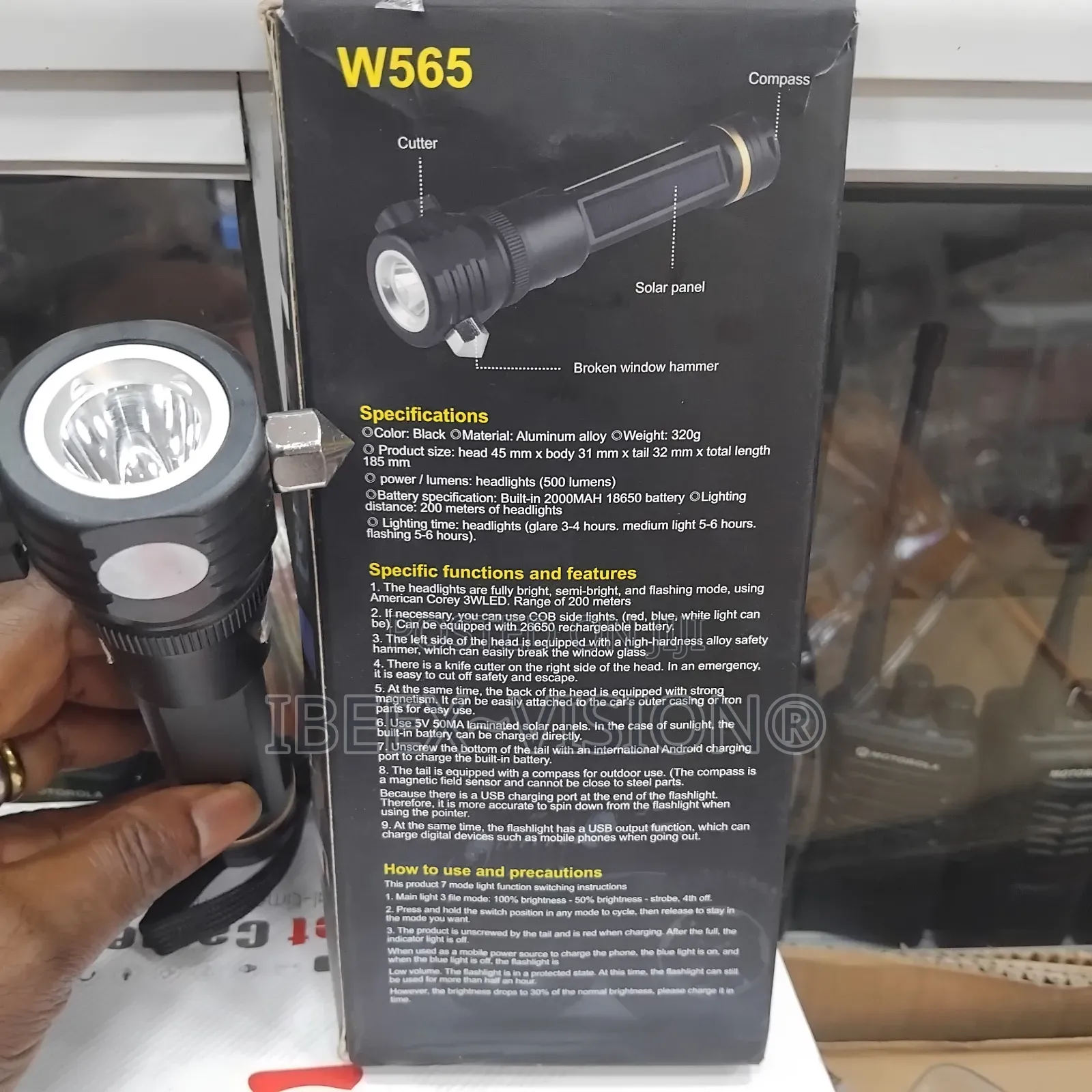 W565 Torch Usb/Solar Charging Safety Hammer Tactical Flashlight