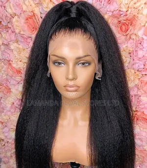 Premium Full Frontal Kinky Straight Human Hair Blend Wig