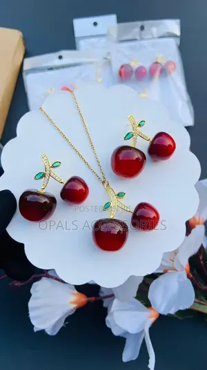 Vibrant Cherry Pendant Necklace Drop Earrings Stainless Steel Set