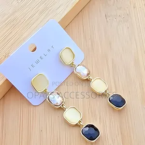 Elegant Four-Tier Square Crystal Cats-Eye Stone Drop Earrings