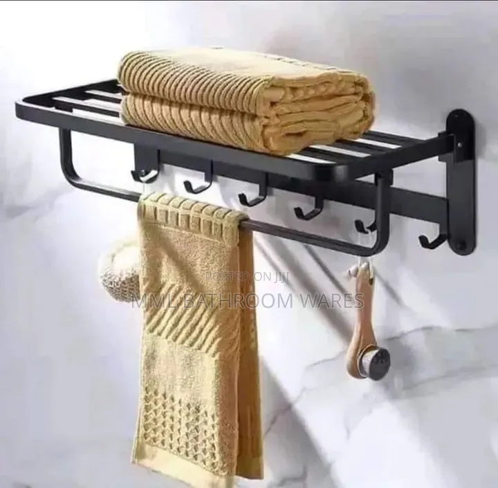 60cm Multiple Matte Black Towel Rack With Shelve and Hooks