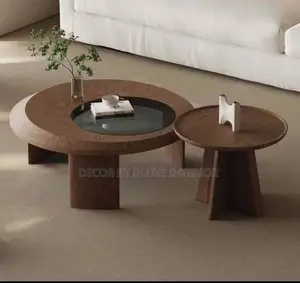 Round Nested Coffee Table Set With Wooden Frame and Tempered Glass