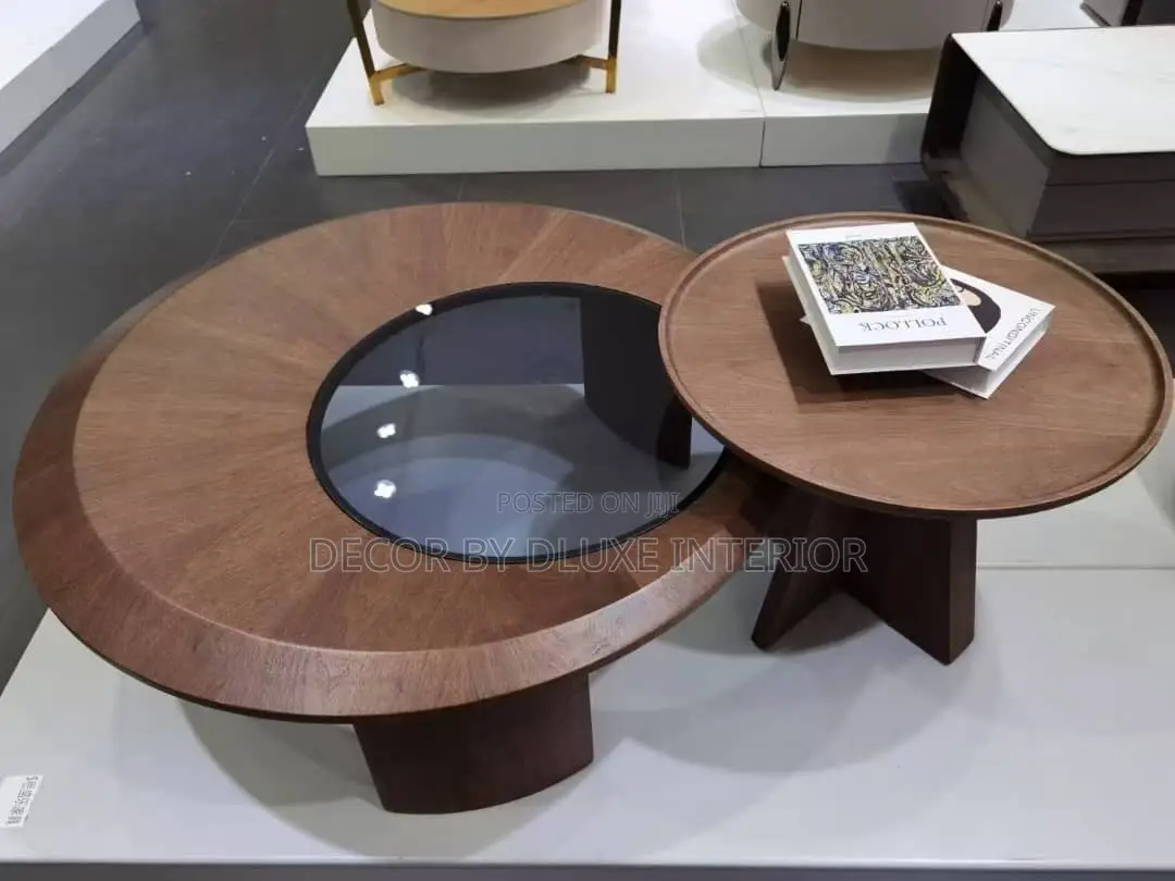 Round Nested Coffee Table Set With Wooden Frame and Tempered Glass