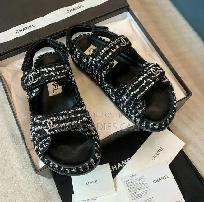 Black Tweed Double-Strap Sandals