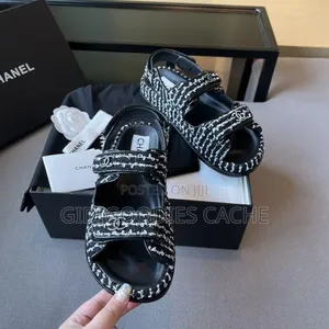 Black Tweed Double-Strap Sandals