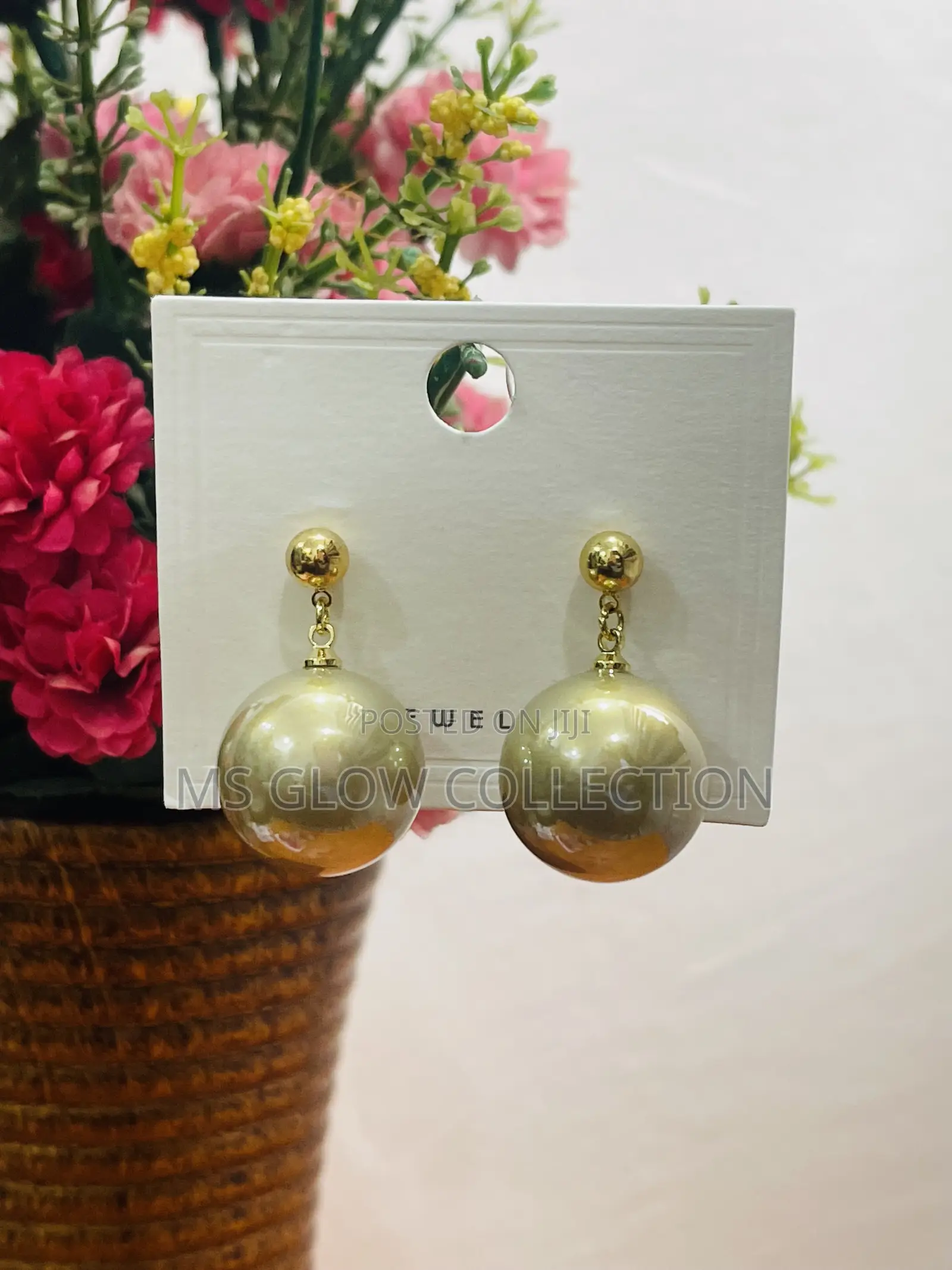 Ceramic Glossy Gold Spherical Ball Drop Earrings