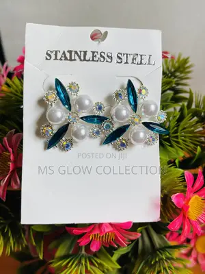Stainless Steel Deep Blue Crystal and Pearl Cluster Statement Earrings