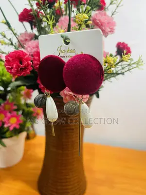 Jia Hao Vintage Burgundy Velvet and Pearl Geometric Drop Earrin