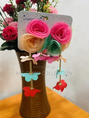 Organza Rose and Tiered Flower Chandelier Statement Earrings