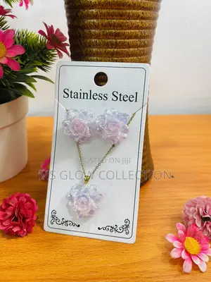 Stainless Steel Holographic Resin Rose Necklace Earrings Set