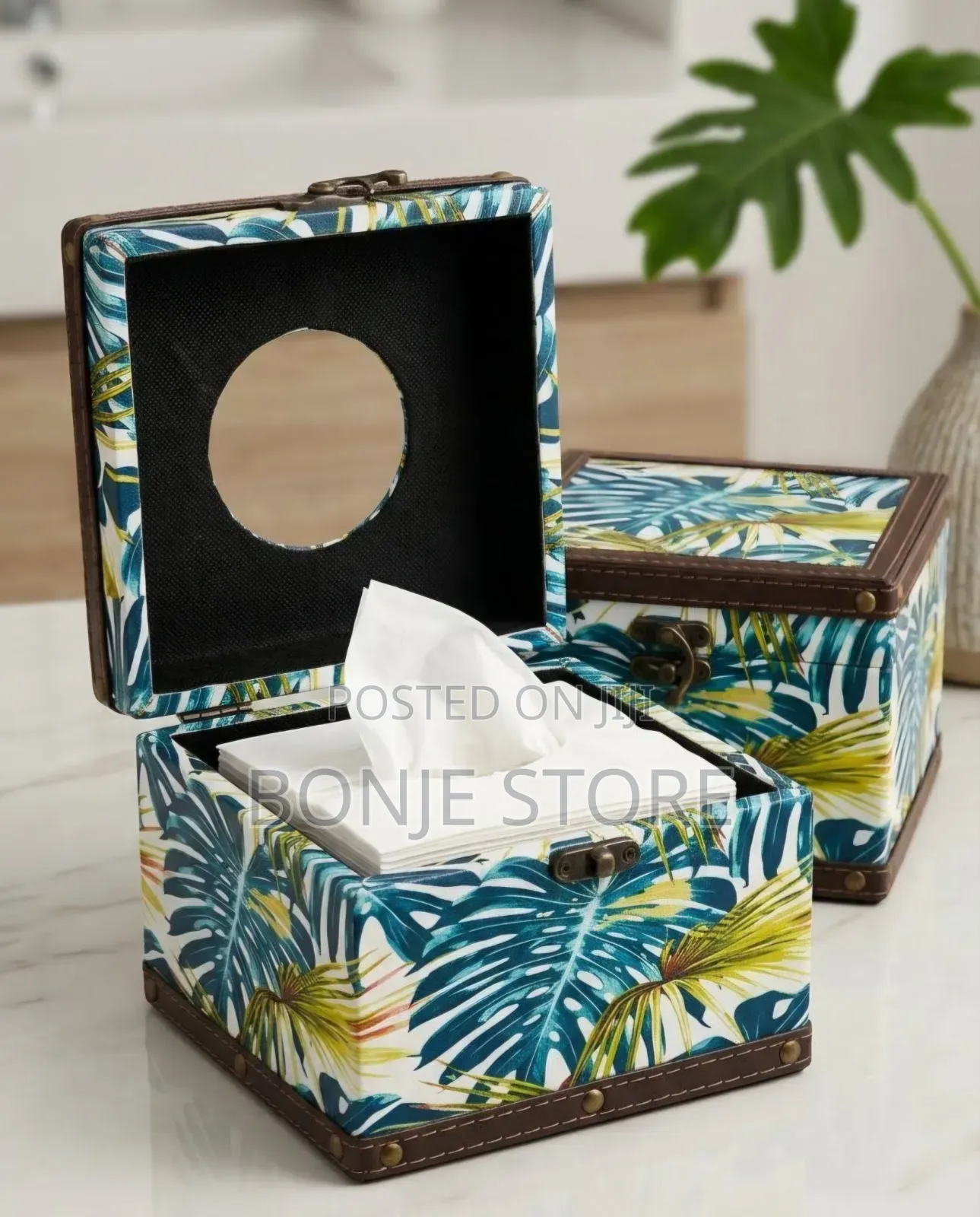 Vintage Tropical Palm Leaf Pu Leather Tissue Box Holder