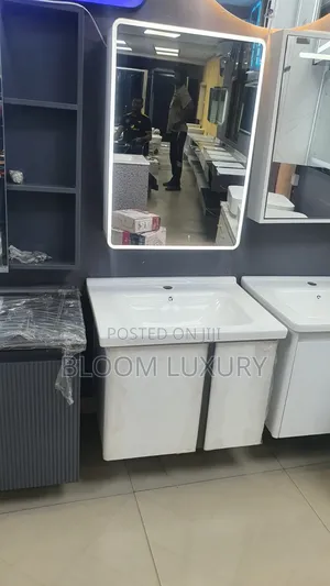 White Wash Hand Basin Cabinet + LED Mirror