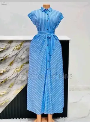 Elegant Blue Striped Button-Down Maxi Dress for Women