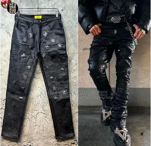 Luxury Black Star Design Leather Pants for Men – Slim Fit