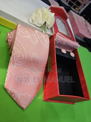 Luxury Peach Paisley Silk Tie Set | Cufflinks + Handkerchief Gift Box