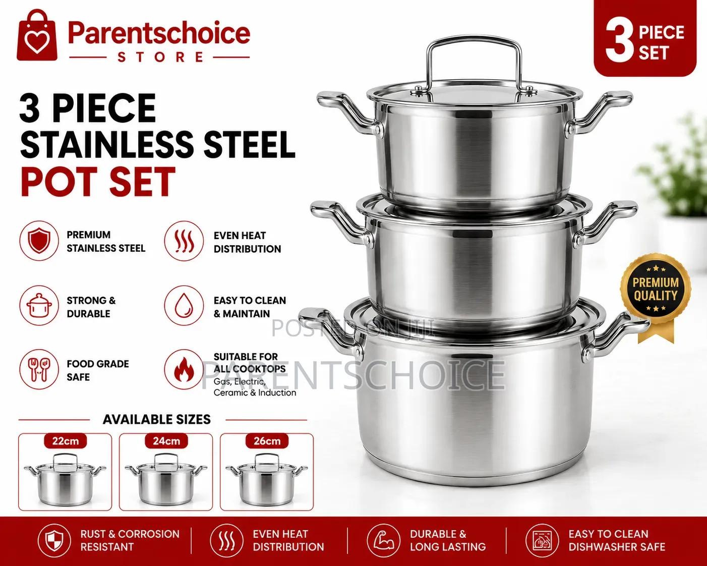 3-Piece Stainless Steel Pot Set